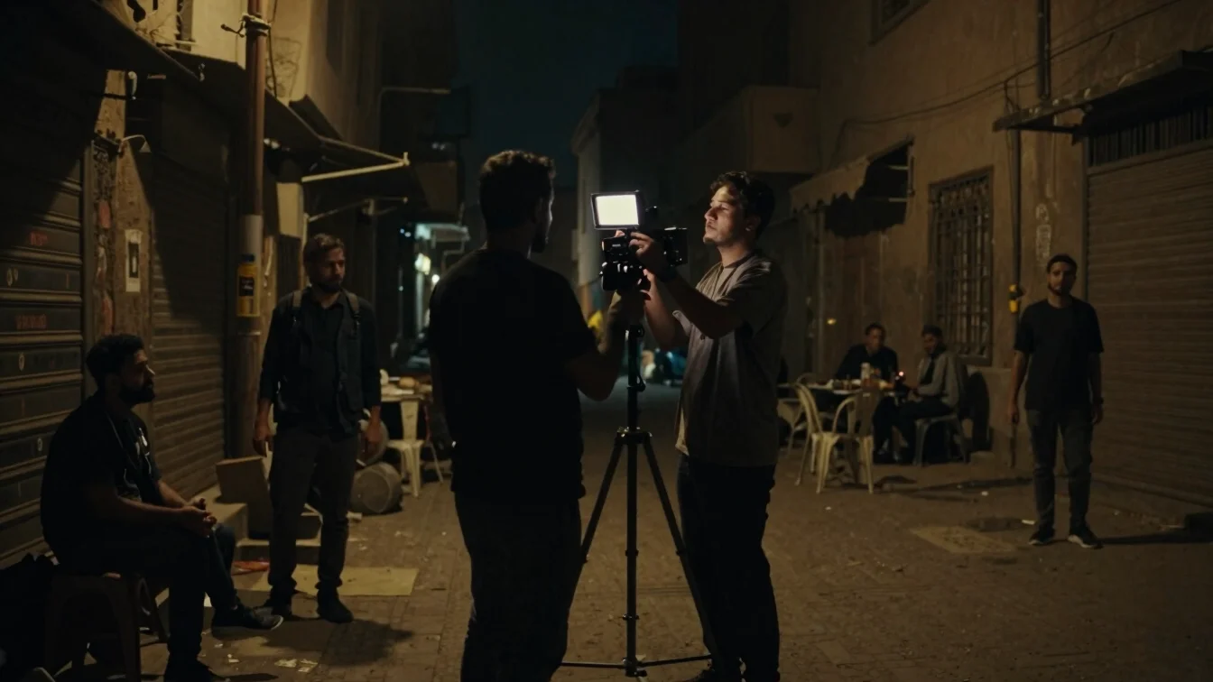 Cinematic widescreen film still, low-key lighting, a film crew me