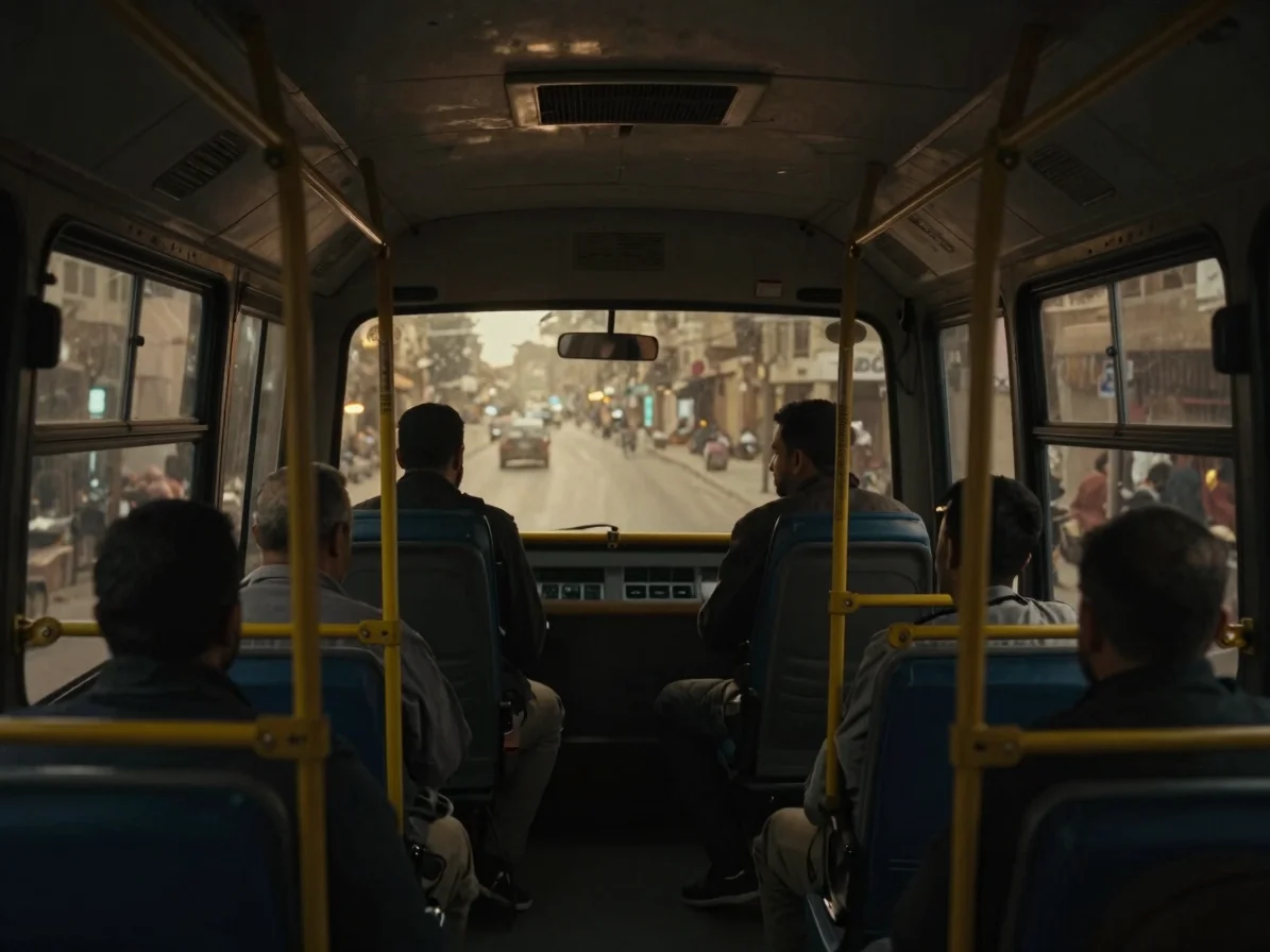 Cinematic low-key still of a shared minibus interior at night, wa