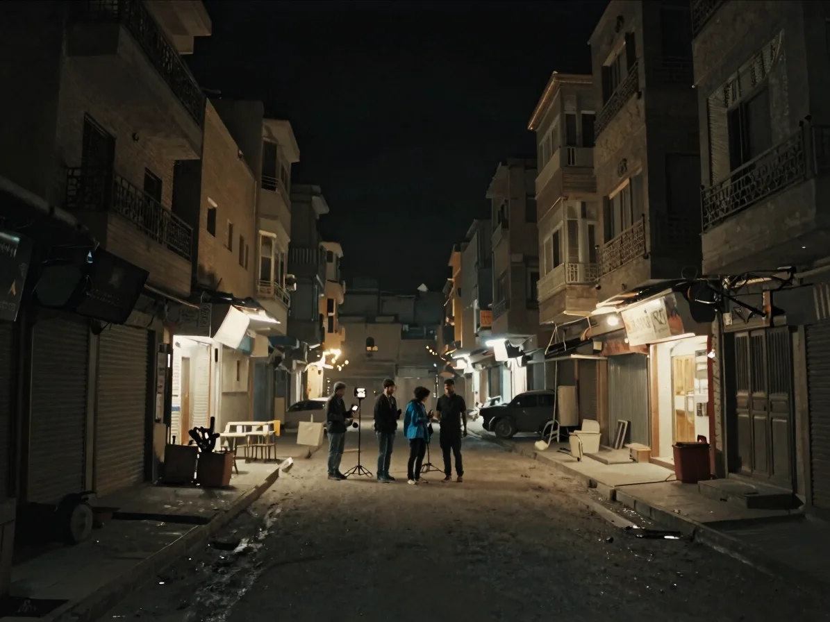 Cinematic low-key still of a film crew lighting a night street se