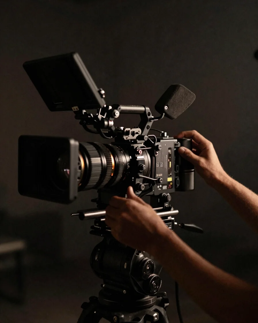 Behind-the-scenes detail of a camera operator's hands adjusting f