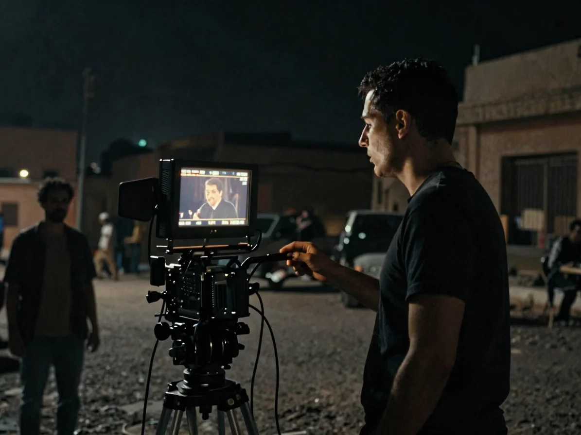 Cinematic low-key film still on a Cairo set at night, a director's monitor glowing amber beside a rig of cables, anamorp