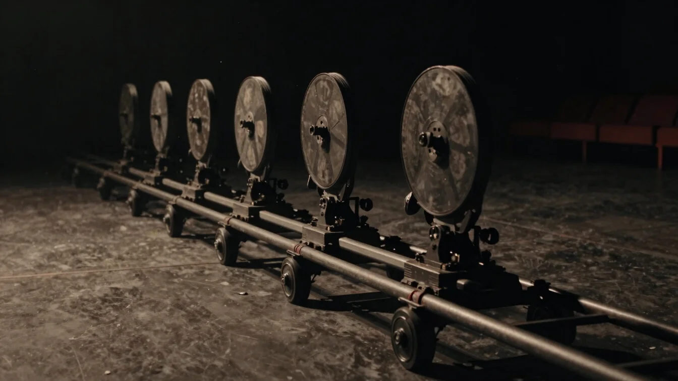Close detail of a film camera dolly track on a dim stage, warm pr