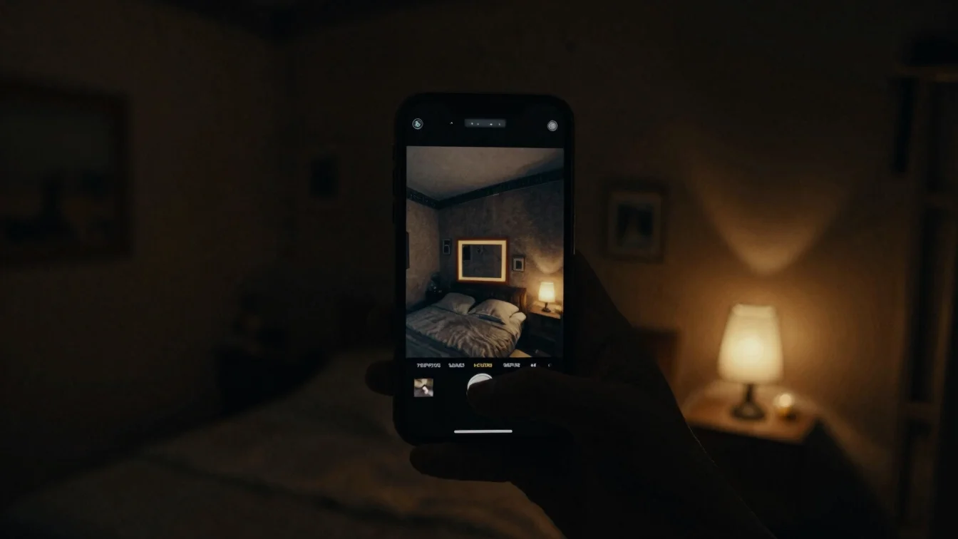 Smartphone held vertically in a dim Cairo apartment, glow of a sh