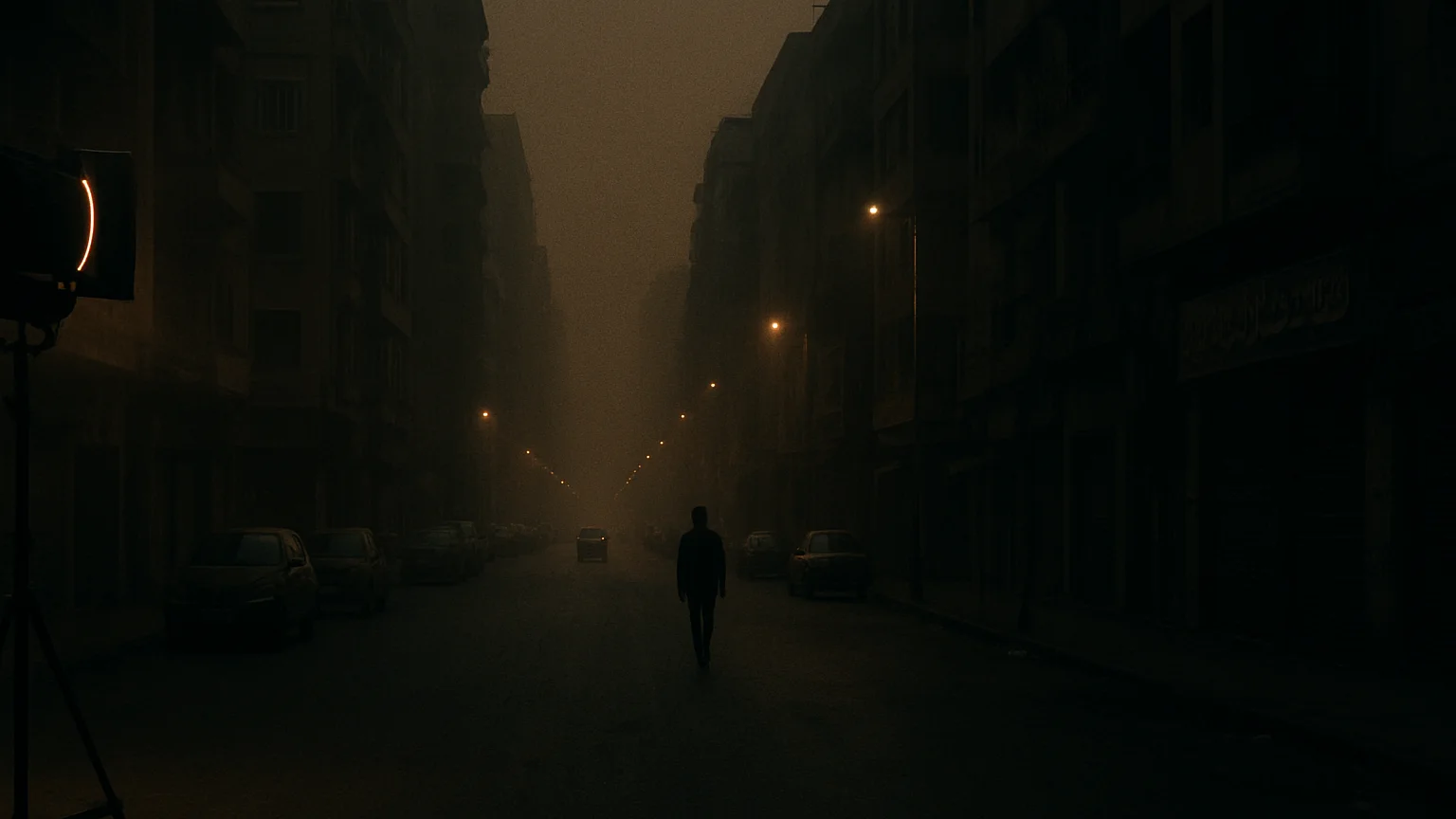 Wide Cairo street at dusk, everyday architecture and dust in the