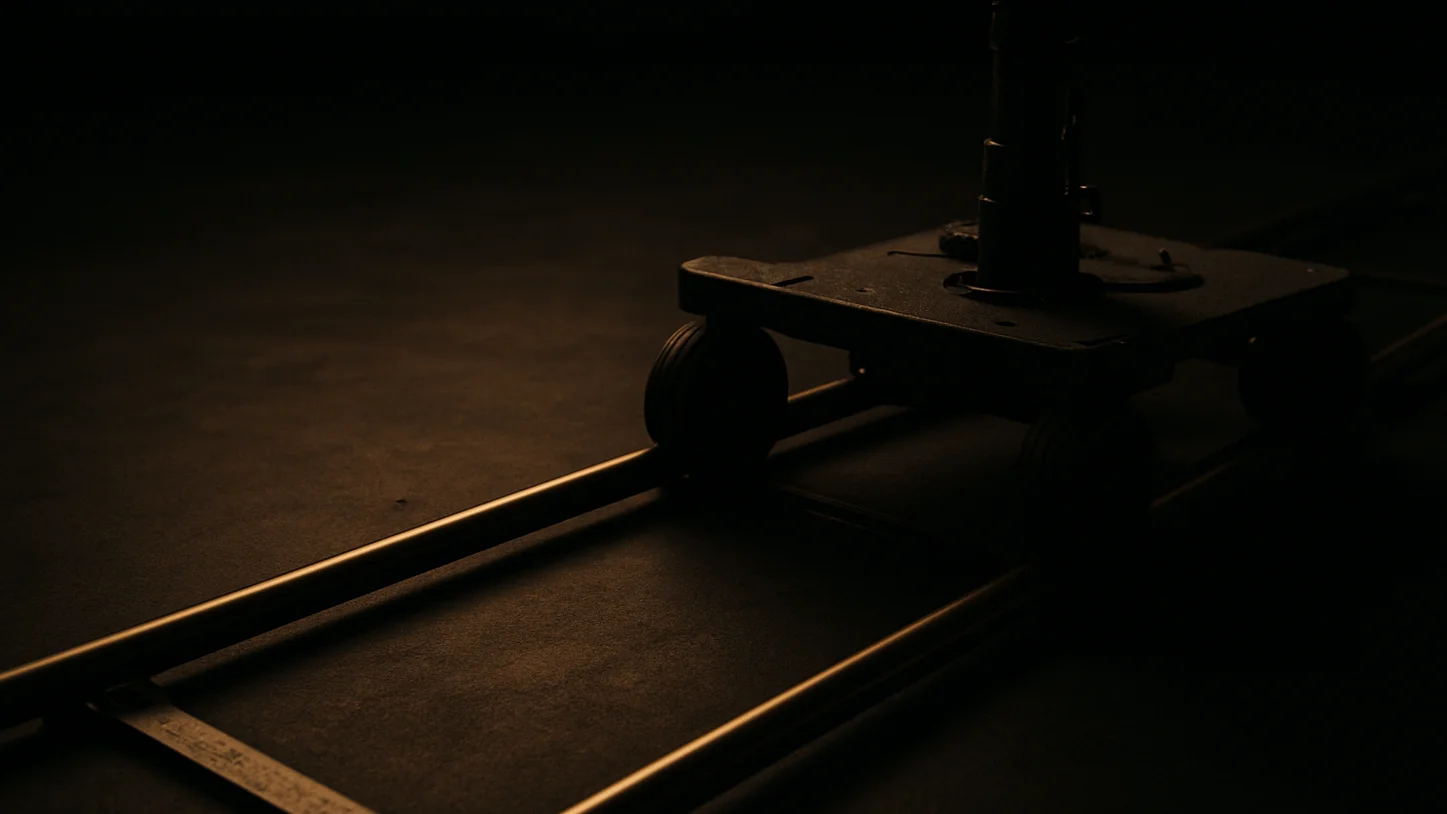 Behind-the-scenes detail of a camera dolly on a charcoal-black st