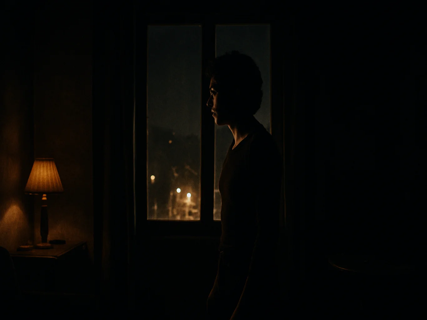 Wide anamorphic film still, low-key lighting with a warm amber practical in a dim Cairo apartment, a performer half-lit