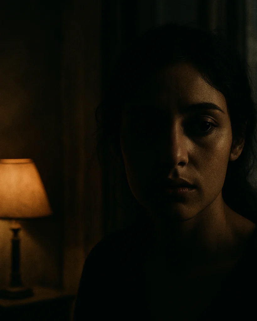 Vertical 9:16 film still of a woman in a dim Cairo apartment lit