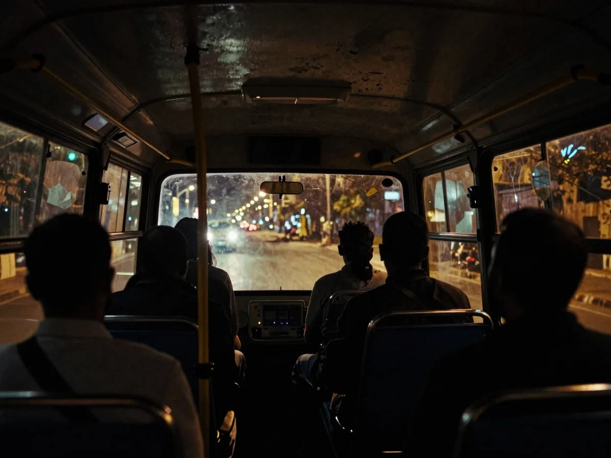 Vertical 9:16 poster-style frame of a Cairo microbus interior at