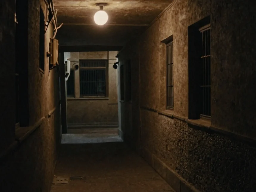 Cinematic widescreen film still of a dim production corridor at night, a single practical light casting warm amber on ch
