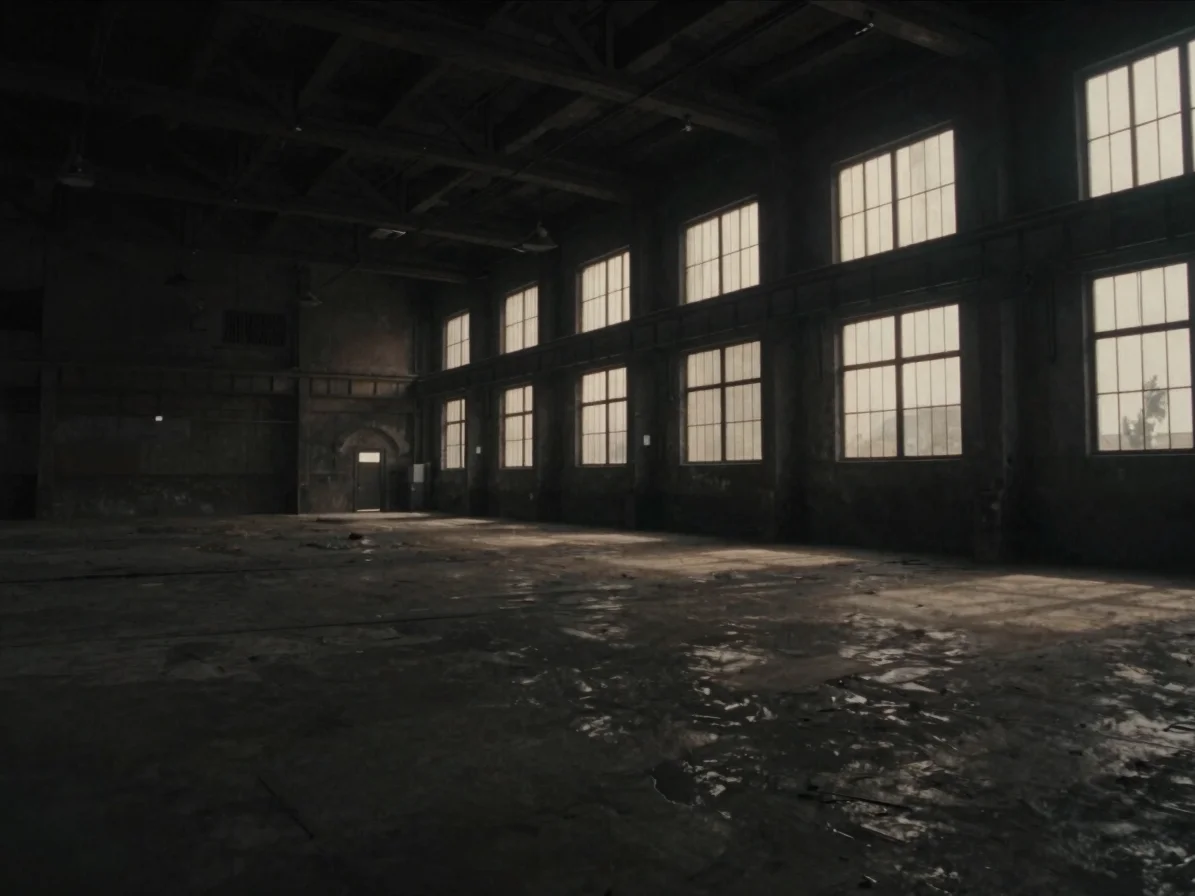 Cinematic anamorphic still of a vast dim industrial hangar interi