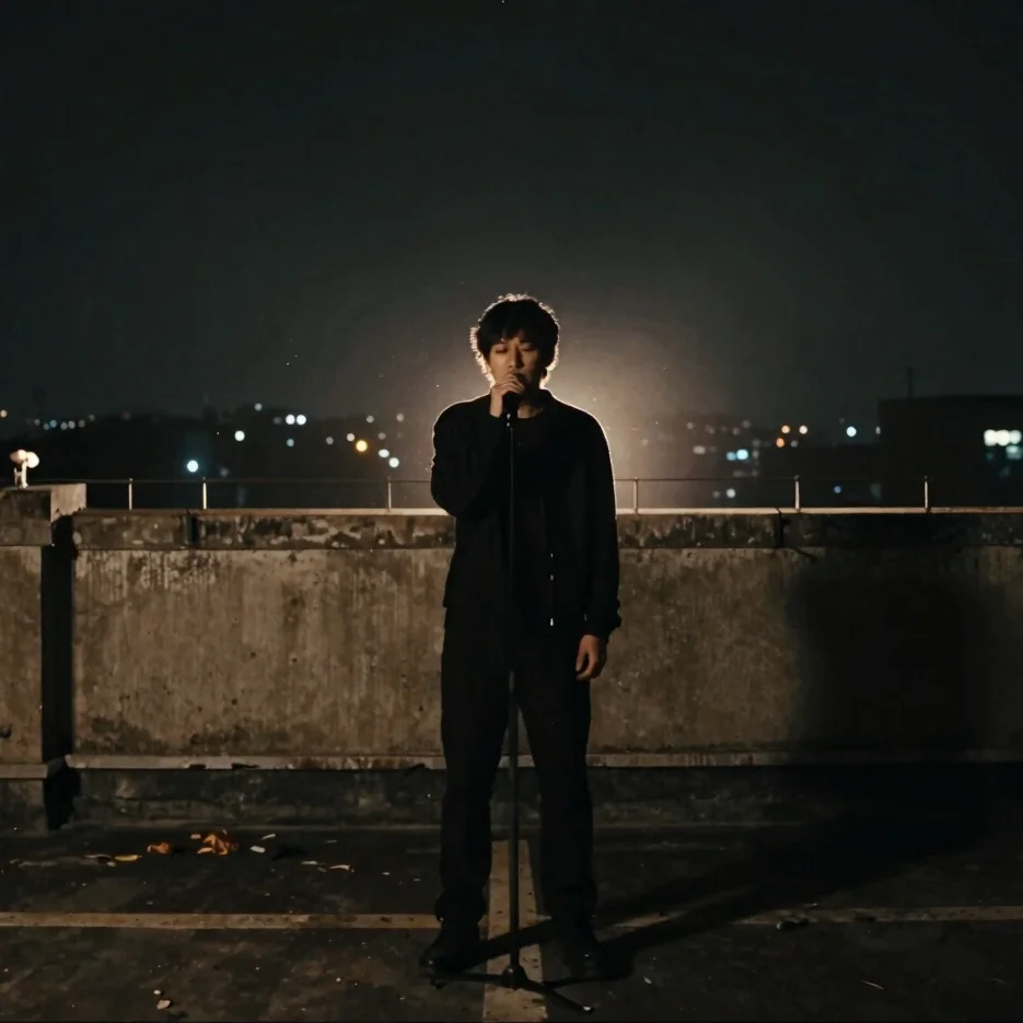 Music video still, a singer silhouetted against a concrete roofto