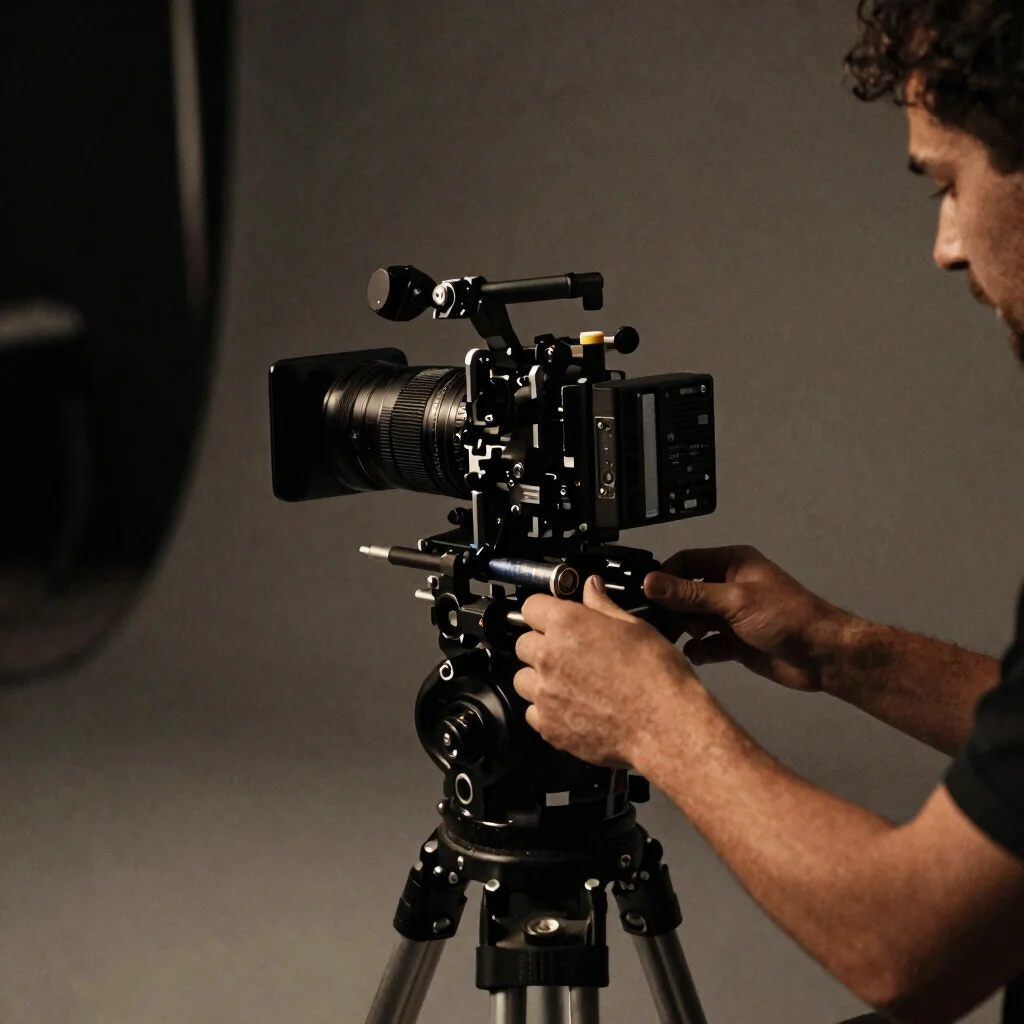 Behind-the-scenes detail, camera operator's hands adjusting a foc
