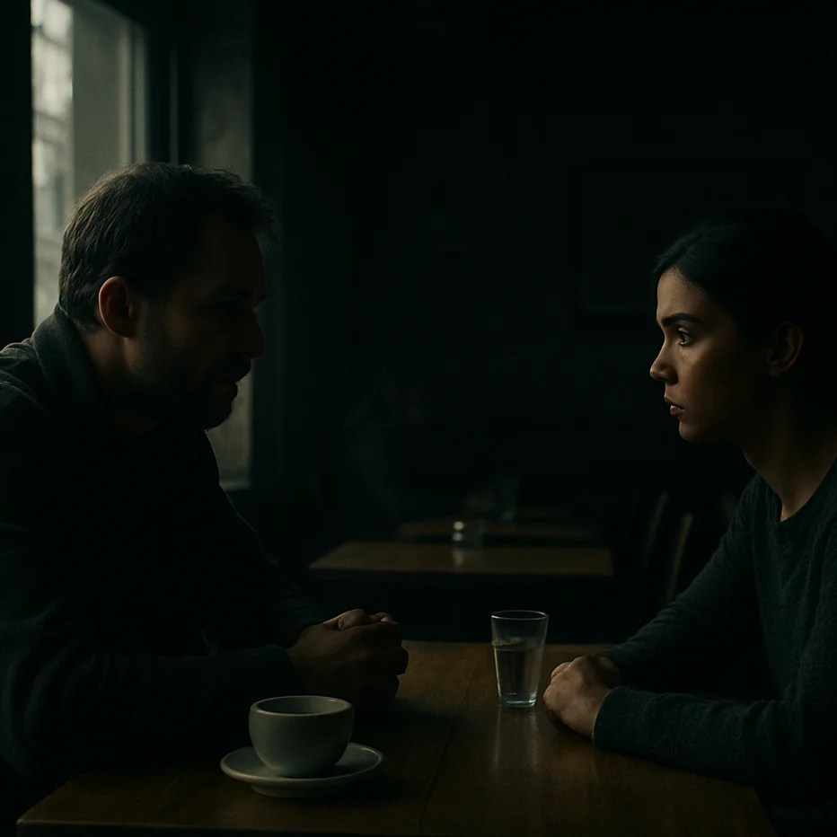 Narrative film still, two people in conversation across a small w