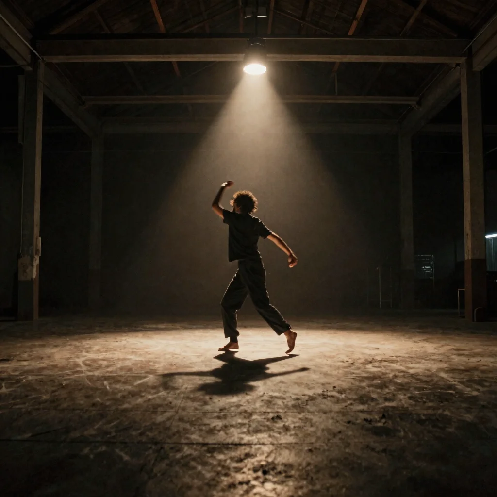 Music video still, a dancer in motion in an empty warehouse, sing