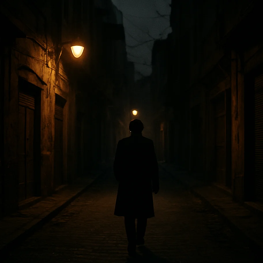 Wide anamorphic film still from a narrative short, a figure walki